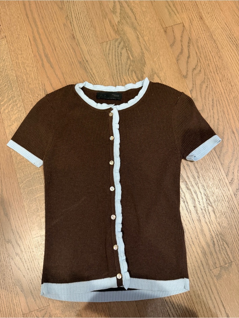 Zara Brown Knit Button-Front Top with Light Blue Trim